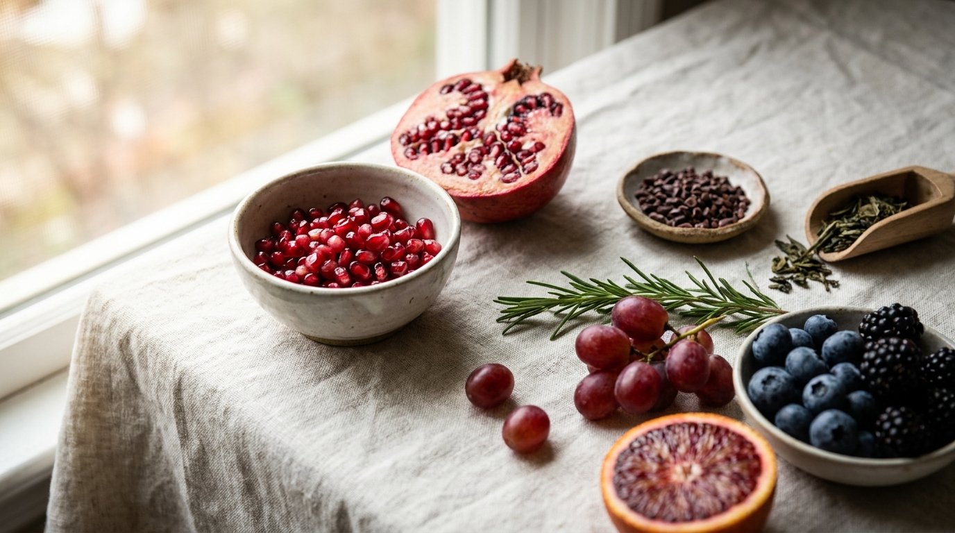 Macro still life on cream linen — pomegranate seeds, blueberries, blackberries, red grapes, cocoa nibs, green tea leaves and rosemary in soft morning light. The honest antioxidant shortlist.