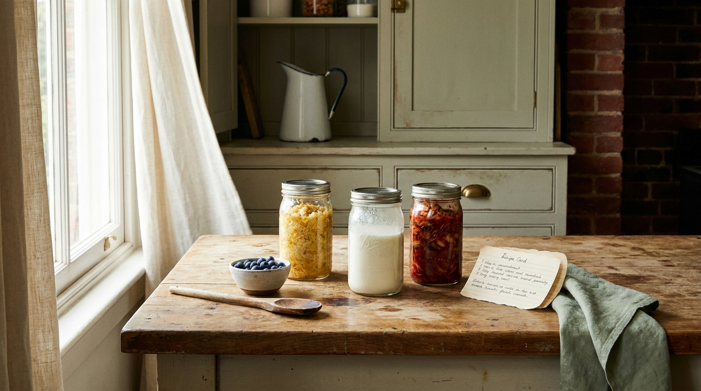 Lived-in farmhouse kitchen by a sunlit window — three glass jars of home-fermented sauerkraut, kefir and kimchi on a worn oak counter, with a bowl of blueberries and a handwritten recipe card. The food side of the gut–cholesterol axis.