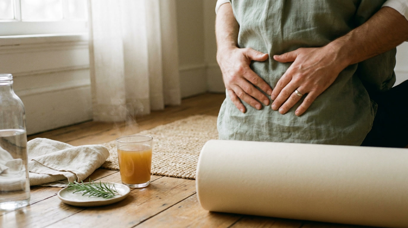 Documentary moment — hands gently massaging a knee on a wooden floor with jute mat, foam roller, water bottle, linen towel, rosemary and steaming bone broth. The real inputs that wreck and protect joints.