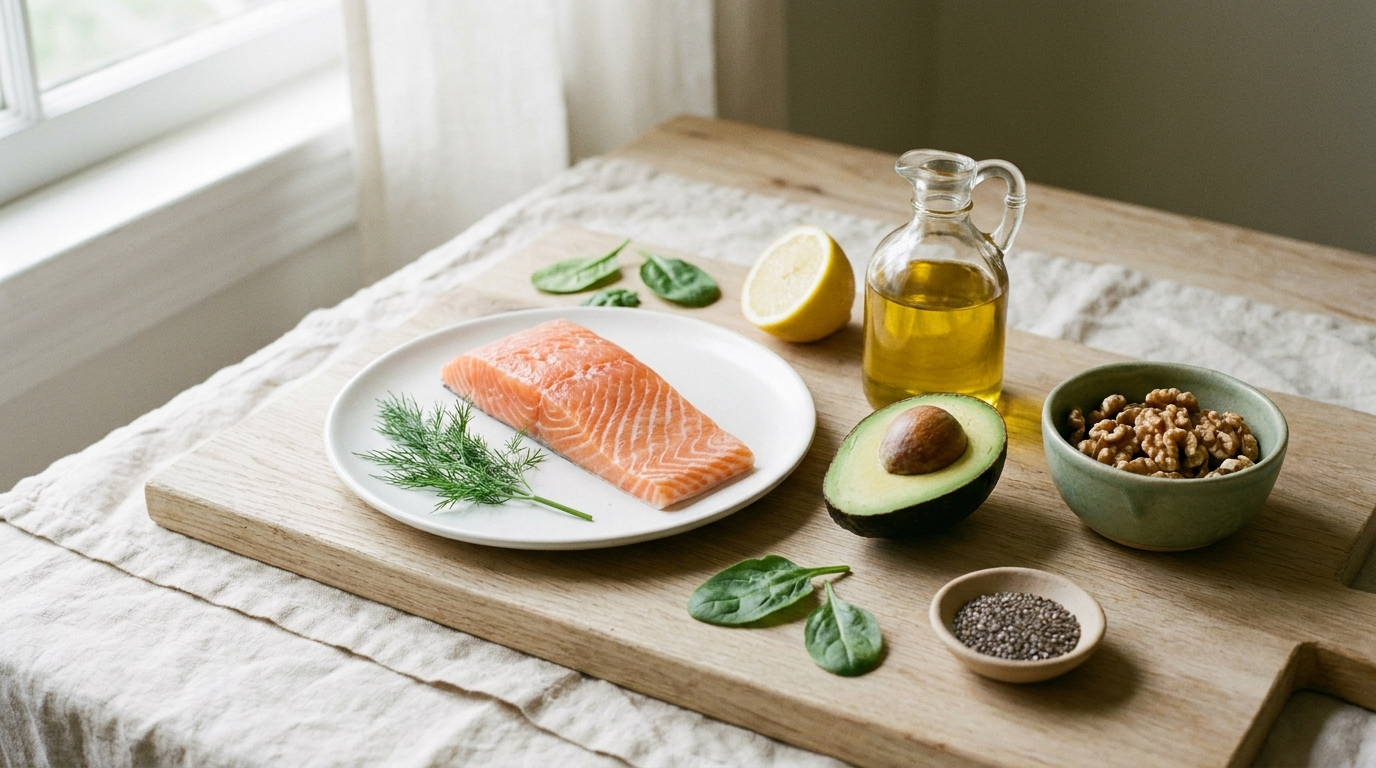 Ingredient still life on oak — fresh salmon, halved avocado, walnuts, golden flaxseed oil, dill, lemon and chia seeds. The food side of omega-3 for skin: lipid biology, inflammation, the dietary inputs.