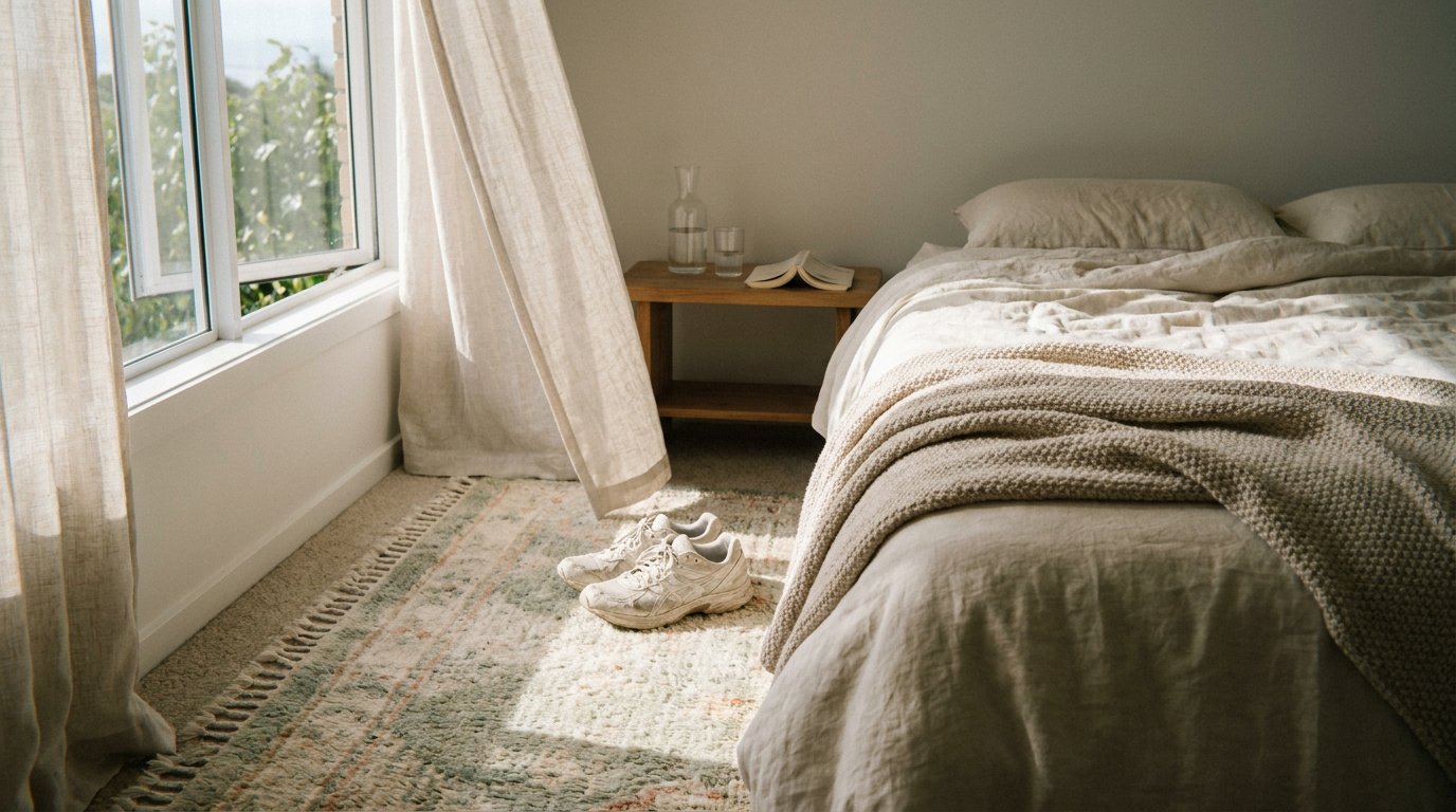 Quiet morning bedroom — corner of a made bed, folded oat-knit throw, running shoes on a wool rug, glass carafe of water and a paperback on the side table. Six daily habits that build vitality.