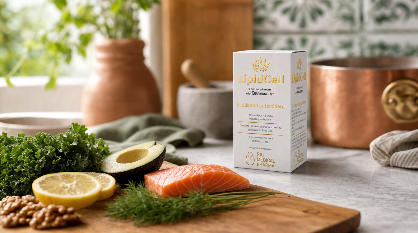 Eye-level kitchen counter scene with a wooden board of chopped kale, salmon, avocado, lemon and walnuts beside a Bio Medical Pharma LipidCell carton. The food side of acne: low-glycaemic, anti-inflammatory.