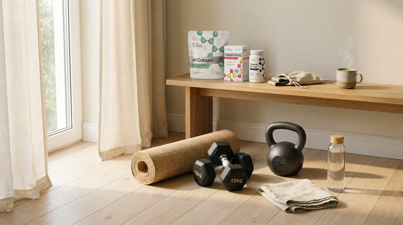 Sunlit home strength corner — mat, dumbbells, kettlebell, linen towel, water bottle, oak bench with matcha, Hi! Collagen doypack and D3 K2 MK-7. Strength as practice for bone health with age.