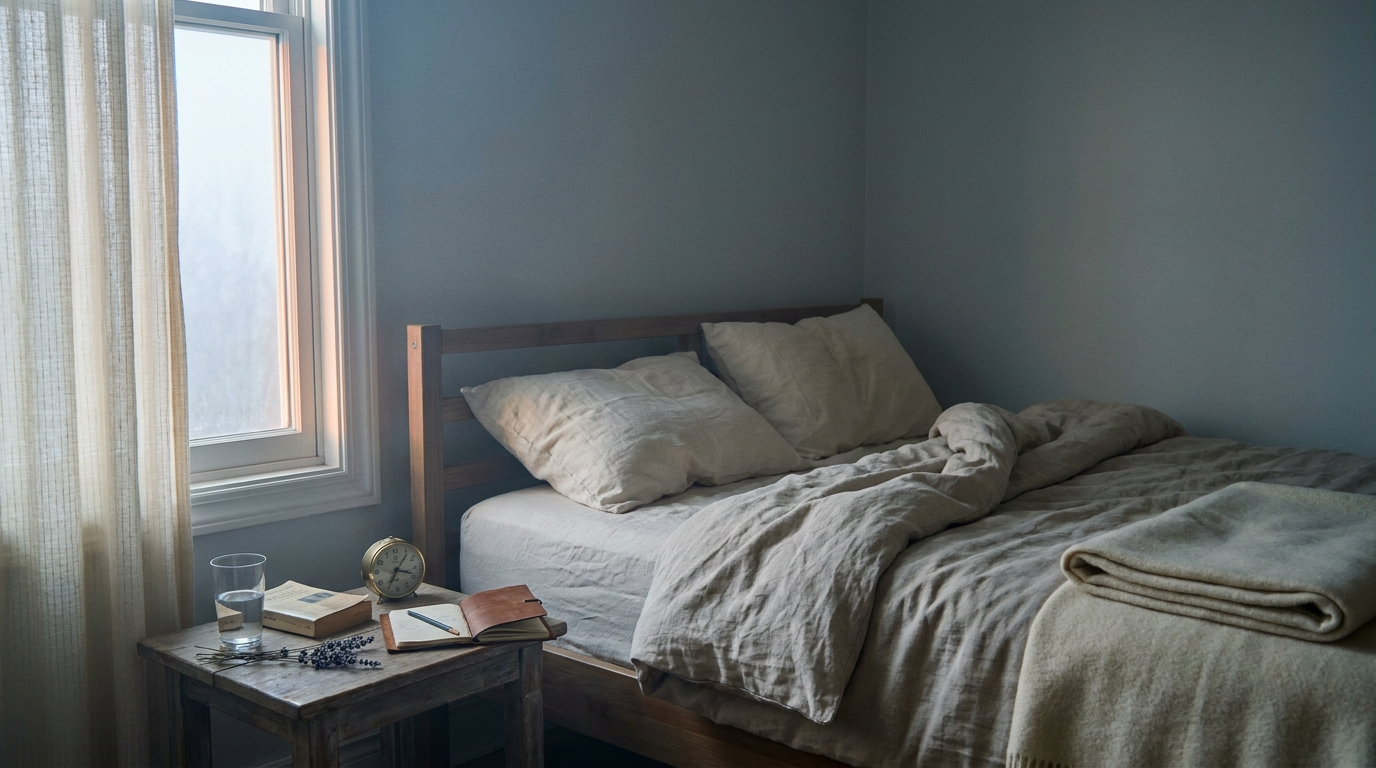 Quiet bedroom corner at dawn — partially unmade linen bed, water glass, paperback face-down, brass alarm clock, leather notebook and dried lavender. The five real causes of chronic fatigue.