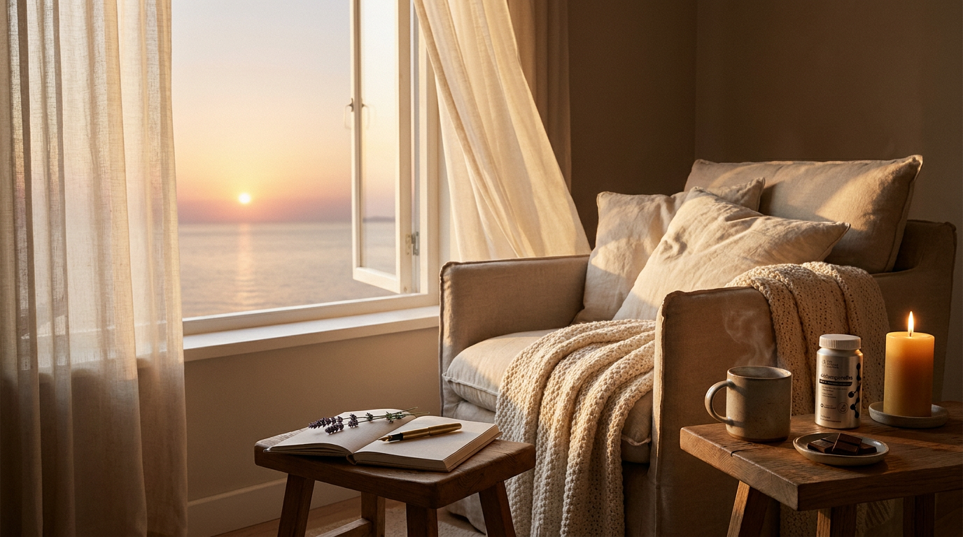 Reading nook at sunset over the sea — linen armchair, knit throw, notebook with lavender, oak side table with herbal tea, candle, dark chocolate and a Bio Medical Pharma Ashwagandha tin cameo. Evening wind-down for emotional balance.