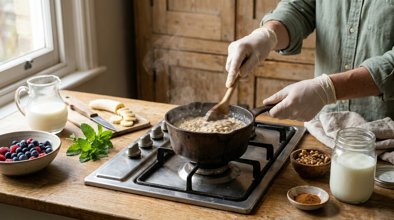 Hands stirring steel-cut oats in a cast-iron pan on a vintage gas stove — milk, blueberries, raspberries, banana slices, walnuts, cinnamon and homemade kefir on the counter. The food side of gut health.