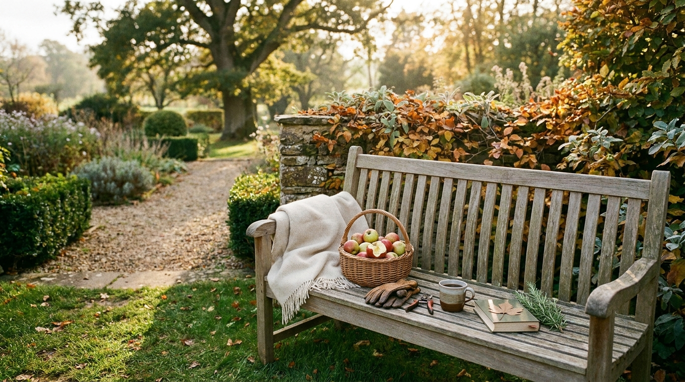 Mature autumn garden in golden-hour afternoon — teak bench, knit throw, basket of apples, leather gardening gloves, secateurs, mug of tea, book and rosemary. The unglamorous lifestyle pillars that genuinely slow ageing.