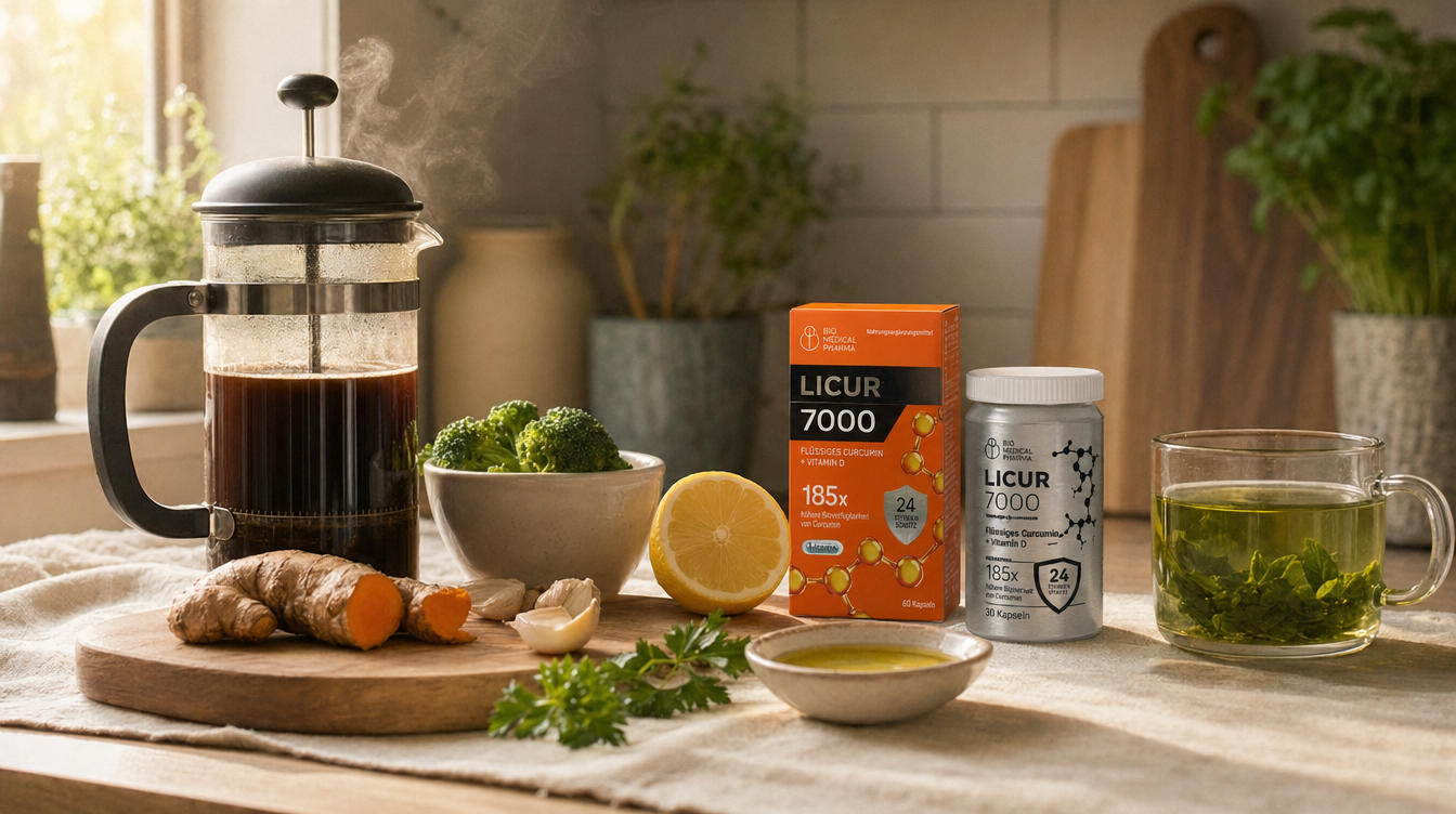 Liver-friendly kitchen prep — French press of black coffee, fresh turmeric root, garlic, broccoli, olive oil, parsley, green tea and a Bio Medical Pharma Licur 7000 cameo. Liver health: diet, coffee, curcumin.