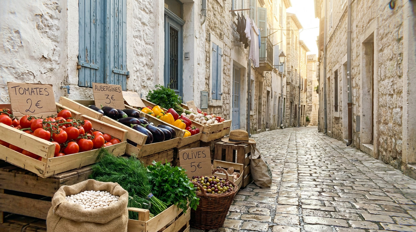 Quiet Mediterranean morning market in a narrow stone alley — wooden crates of tomatoes, aubergines, peppers, garlic, olives and fresh herbs on cobblestones in golden light. The food culture behind the evidence-based diet pattern.
