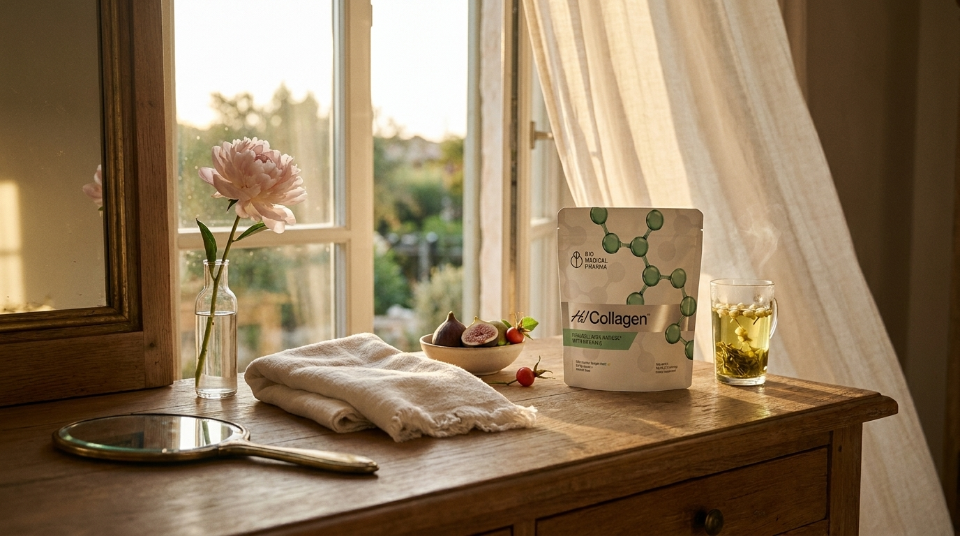 Wooden vanity in golden afternoon light — brass-framed hand mirror, peony, folded linen towel, figs and rose hips, jasmine green tea, with Hi! Collagen doypack as a cameo. Skin in menopause.