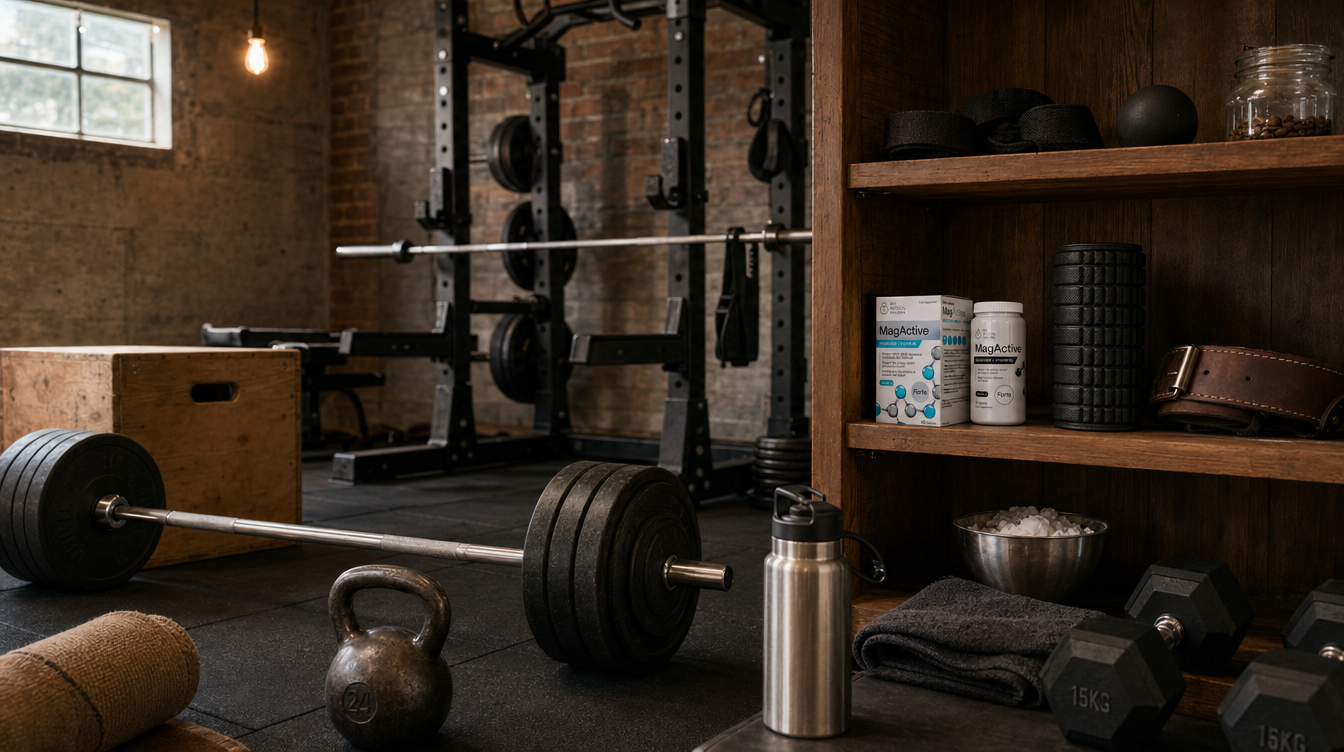 Lived-in home gym — Olympic barbell, kettlebell, dumbbells, power rack, oak shelf with kit and a small Bio Medical Pharma MagActive cameo. The realistic short list of supplements for men.