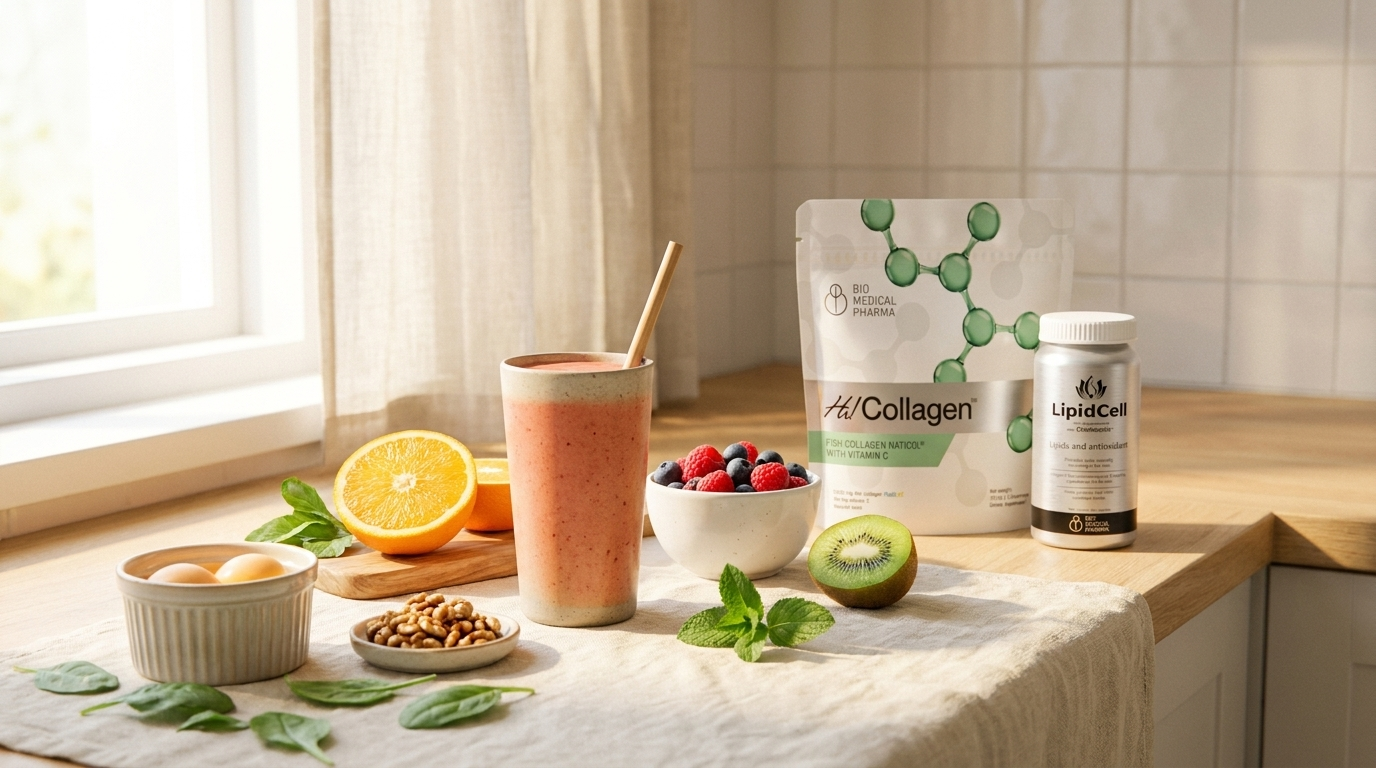Sunlit kitchen counter — pink-coral berry smoothie, raspberries, blueberries, halved orange, kiwi, walnuts, raw eggs, baby spinach, mint, plus Bio Medical Pharma Hi! Collagen doypack and LipidCell tin. Inside-out skin nutrition.