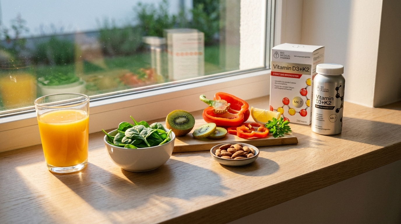 Sunlit windowsill in morning light — orange juice, baby spinach, kiwi, almonds, red pepper, lemon and a Bio Medical Pharma D3 K2 MK-7 cameo. Natural vitamin and mineral pairings on the table.
