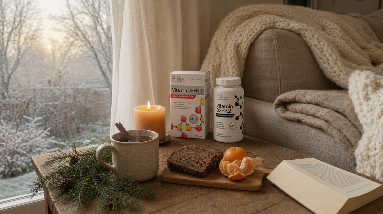 Hygge UK winter morning corner — linen sofa, oak side table with spiced tea, candle, rye bread, clementines, pine sprigs and Bio Medical Pharma D3 K2 MK-7 retail unit. Realistic UK winter wellbeing playbook.