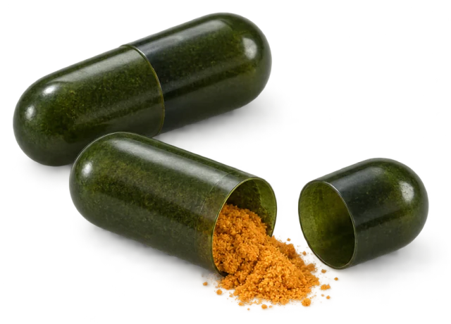 Illustration: green capsules, one opened with ochre powder