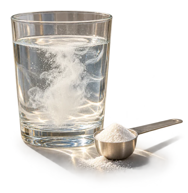 Illustration: a glass of water with dissolving powder and a measuring spoon