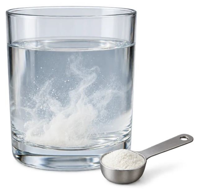 Illustration: a glass of water with dissolving powder and a measuring spoon