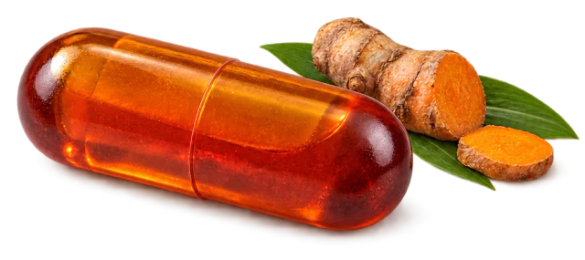 Illustration: a closed amber Licur Max capsule with a turmeric root, a slice and leaves