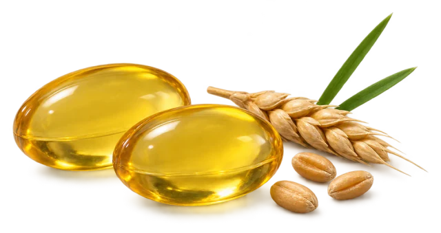 Illustration: two closed golden LipidCell softgels with wheat ears and grains